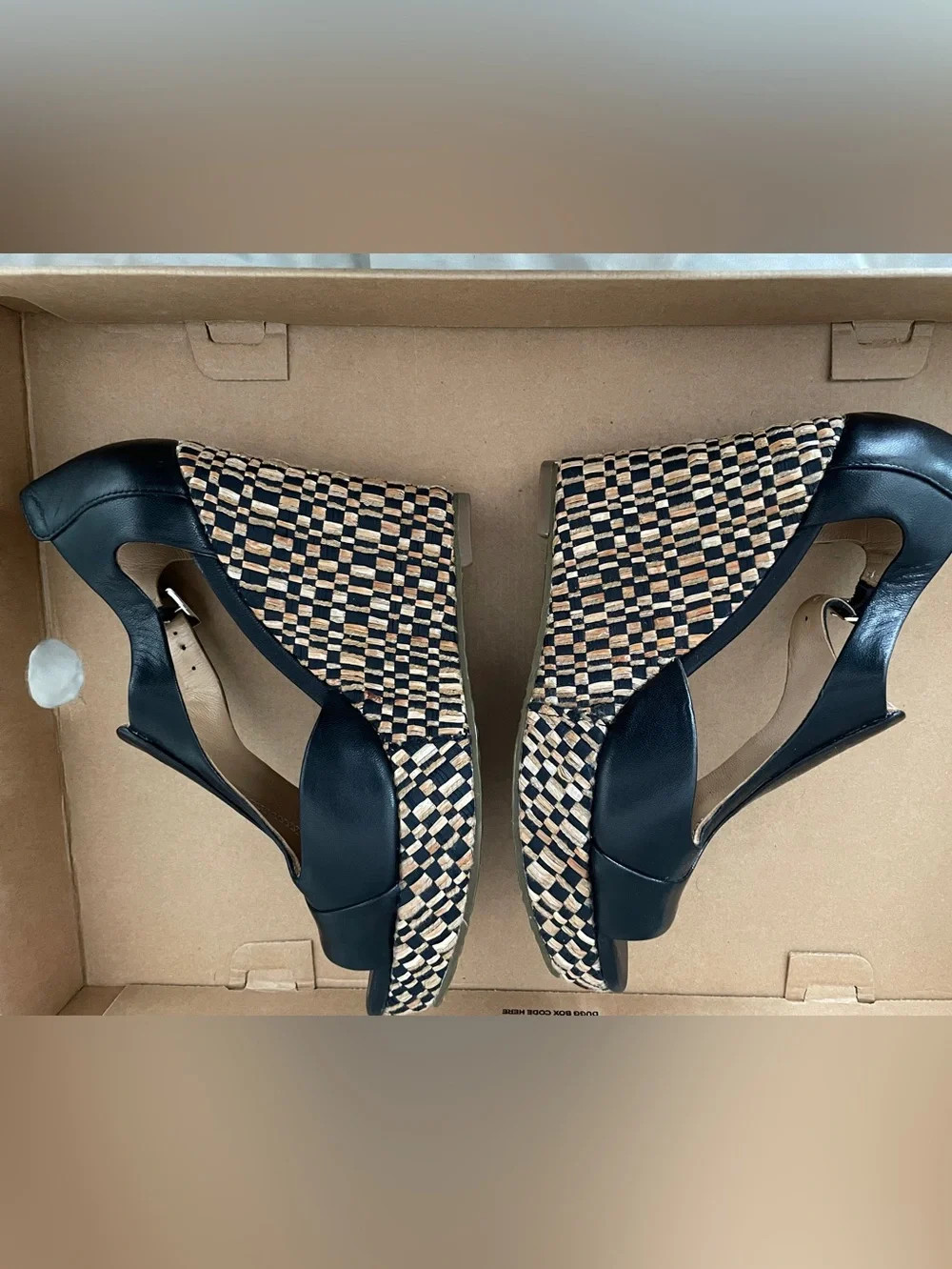 Elaine Turner Julia wedges in black leather with an optic basket weave pattern